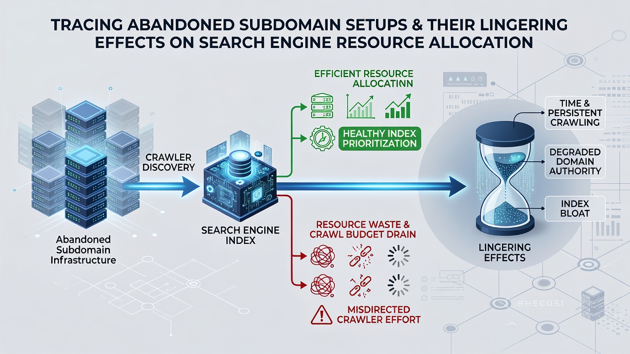 Flow chart illustrating how crawl budget spreads across active pages and abandoned subdomains