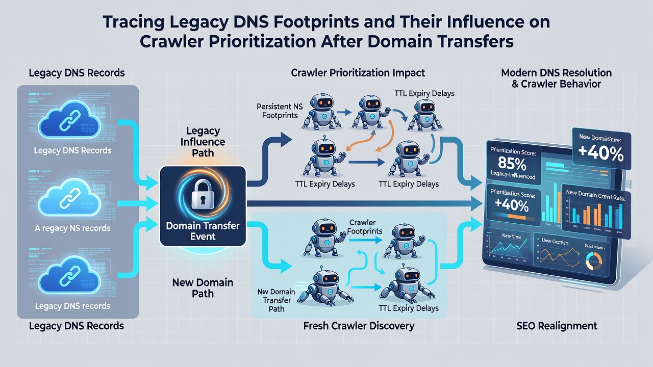 Timeline visualization of crawler visit patterns before and after domain transfer with DNS history overlays